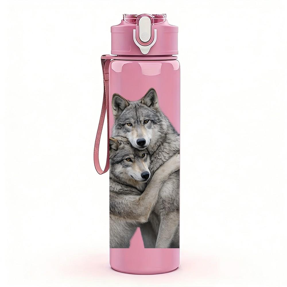 1PC Two Grey Wolves Hugging Animal Print 750ml Color Plastic Sports Water Bottle Leakproof Flip Straw Lid Suitable for Sports Office Home Use