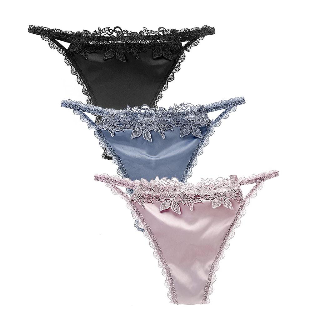 Josigge Panties with Lace Luxurious Shiny Satin Sexy Underwear of Women's T-Back Edges, Fabric, Butt-Lifting, (Set 3/5)