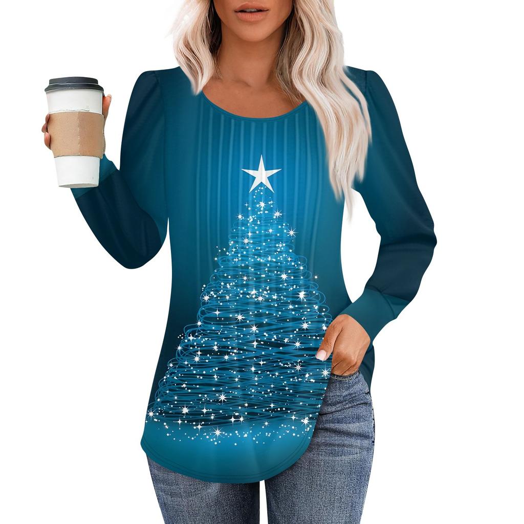 Рубашки с длинным рукавом для женщин, топы, нарядные повседневные блузки с рождественским принтом, плиссированные туники с круглым вырезом