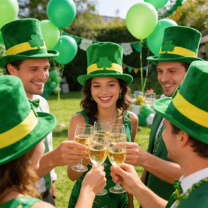 Green Irish Festival Hat with 6 Artificial Moustaches Beards Patricks Day Cosplay Hat for Men Women Festival Celebration