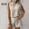 2 шт./комплект женский жилет шорты костюм круглый вырез без рукавов однотонный топ с высокой талией короткие брюки отпуск повседневный наряд летняя пляжная одежда