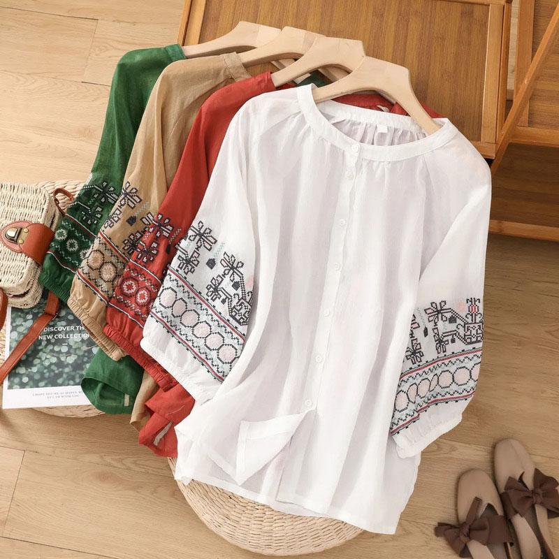 Large Size Cotton Linen T-shirt Summer Loose Casual Embroidery Leisure Single-breasted Short-sleeved Tops Women