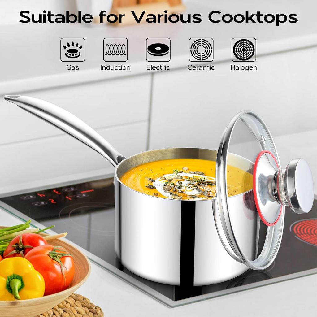 Маленькая кастрюля емкостью 1 кварта, трехслойная кастрюля для молочного соуса из нержавеющей стали со стеклянной крышкой, кухонная индукционная посуда для приготовления тушения, которую можно мыть в посудомоечной машине
