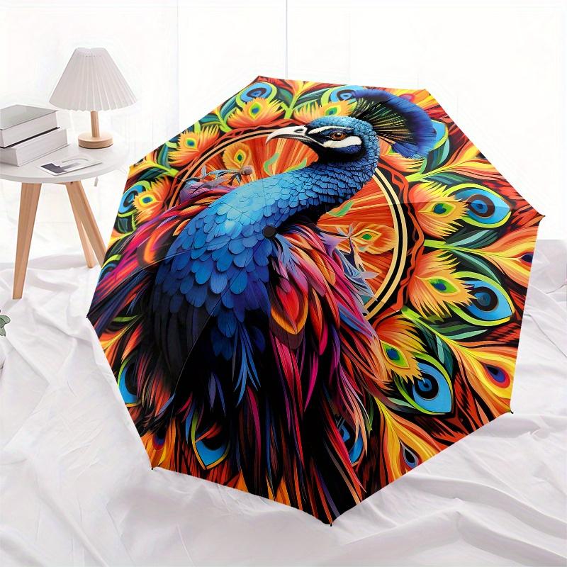 Peacock Feathers Theme 8 Bone Hand Automatic Folding Fashion umbrella, Compact and Portable Design, A Perfect Gift for Birthday, Christmas o