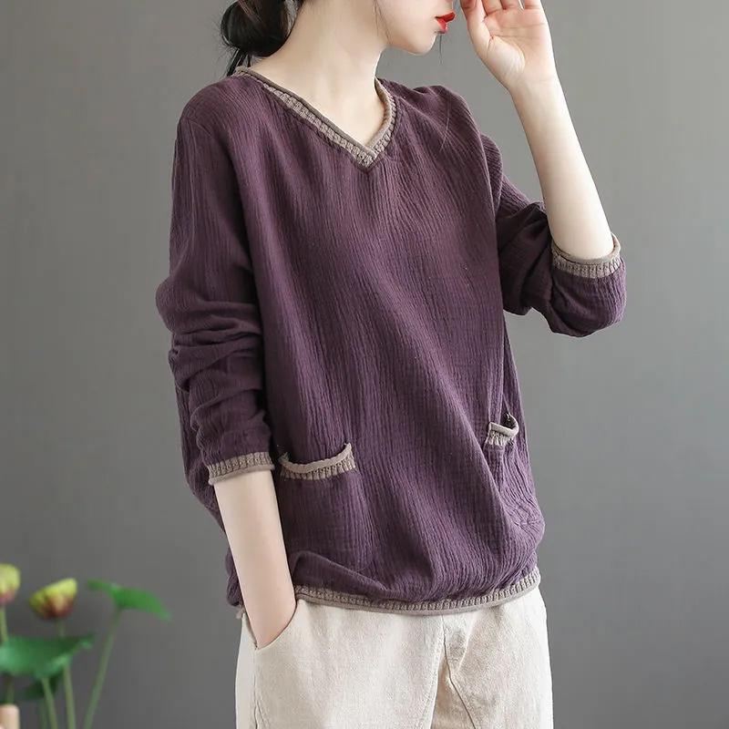 Женский большой размер с длинным рукавом и V-образным вырезом, повседневный, с длинным рукавом, свободный, в стиле ретро, с длинным рукавом в этническом стиле