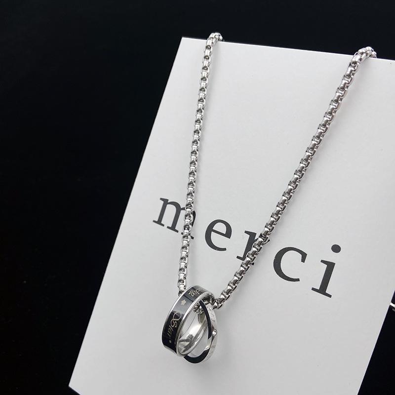 Versatile Titanium Steel Genderless Double Ring Pendant Necklace for Men and Women - Non-Fading Trendy Accessory