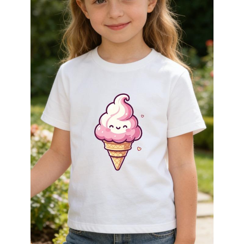European sizes Girl's Round Neck T-Shirt with Cute Ice Cream Print, Casual, Comfortable, and Versatile, a Must-Have Summer Fun Gift