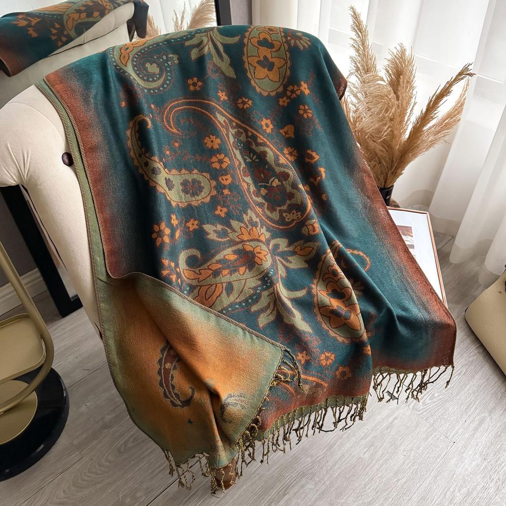 Ethnic Style Imitation Cashmere Scarf Travel Outside with Warm Scarf Retro Cape Fringed Cloak
