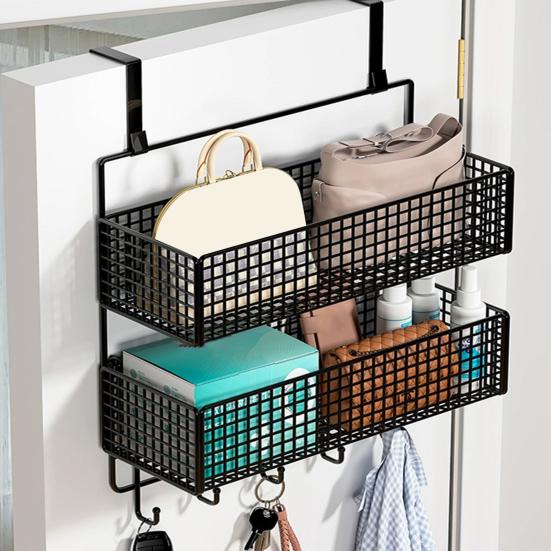 Дверной органайзер, стойка для хранения с крючками, прочная конструкция, сетчатая конструкция, легко собирается, съемная корзина для хранения за дверью