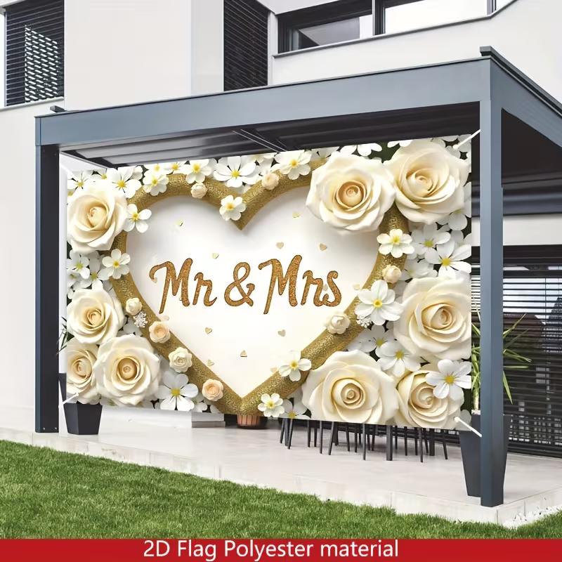 2D Mr & Mrs White Rose Wedding Backdrop Photography Background