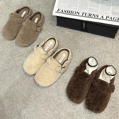 Баотоу пушистые полутапочки женские 2025 осень и зима новые на плоской подошве для улицы удобные из овечьей шерсти с напуском ленивые хлопковые тапочки