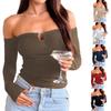 Women's Casual Fashion One-shoulder Metal Buttoned Pleated Slim Long-sleeved T-shirt Top