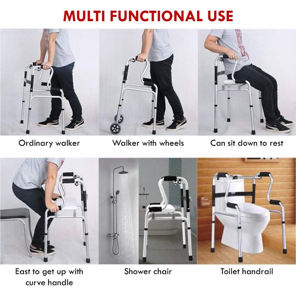 3-in-1 Aluminum Alloy Walking Frame Height Adjustable Foldable Elderly Walking Holder Toilet Support Shower Chair