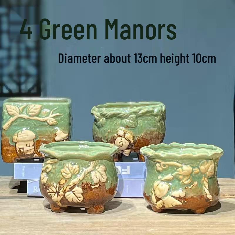 Retro Ceramic Succulent Pot - Large & Small with Creative Handmade Relief Design