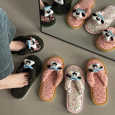 Милый мультяшный пес, плоские туфли с круглым носком и пушистой подошвой, модные универсальные домашние тапочки для девочек на осень и зиму
