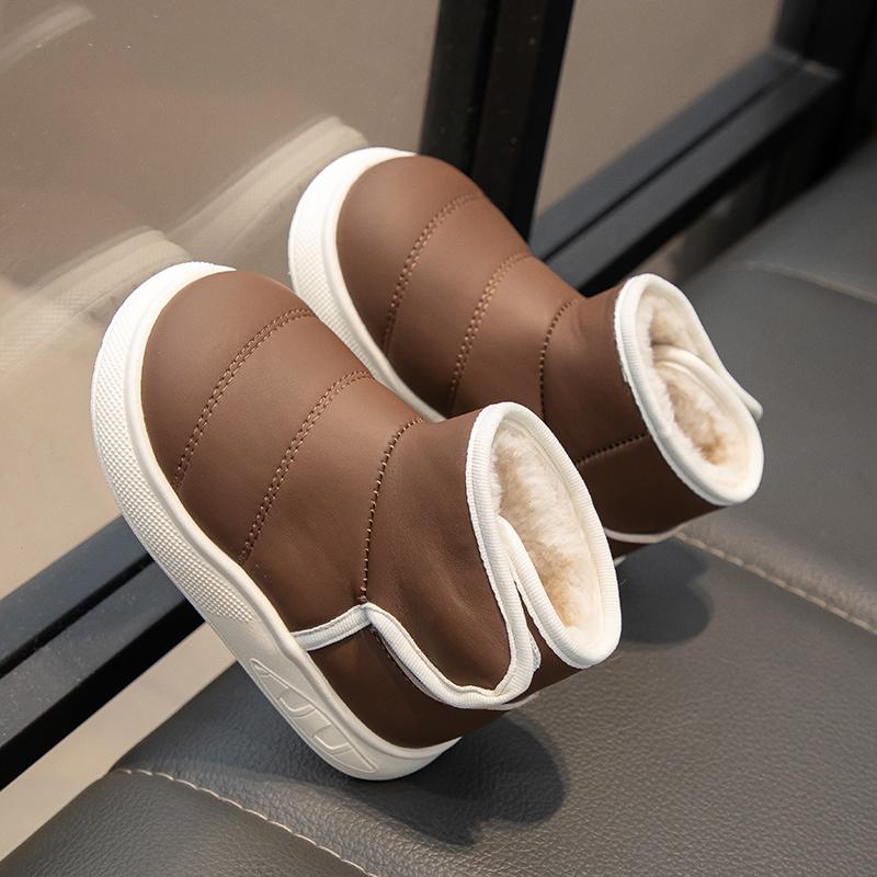 Детские короткие ботинки, детские кожаные зимние ботинки, нескользящие, для мальчиков и девочек, толстые, теплые, плюшевые, меховые ботинки, нескользящие, простые, 2024, зимние новые