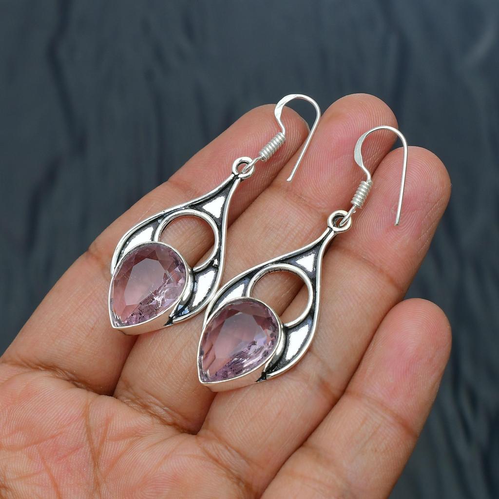 Pink kunzite Gemstone Handmade 925 Sterling Silver Jewelry Earring