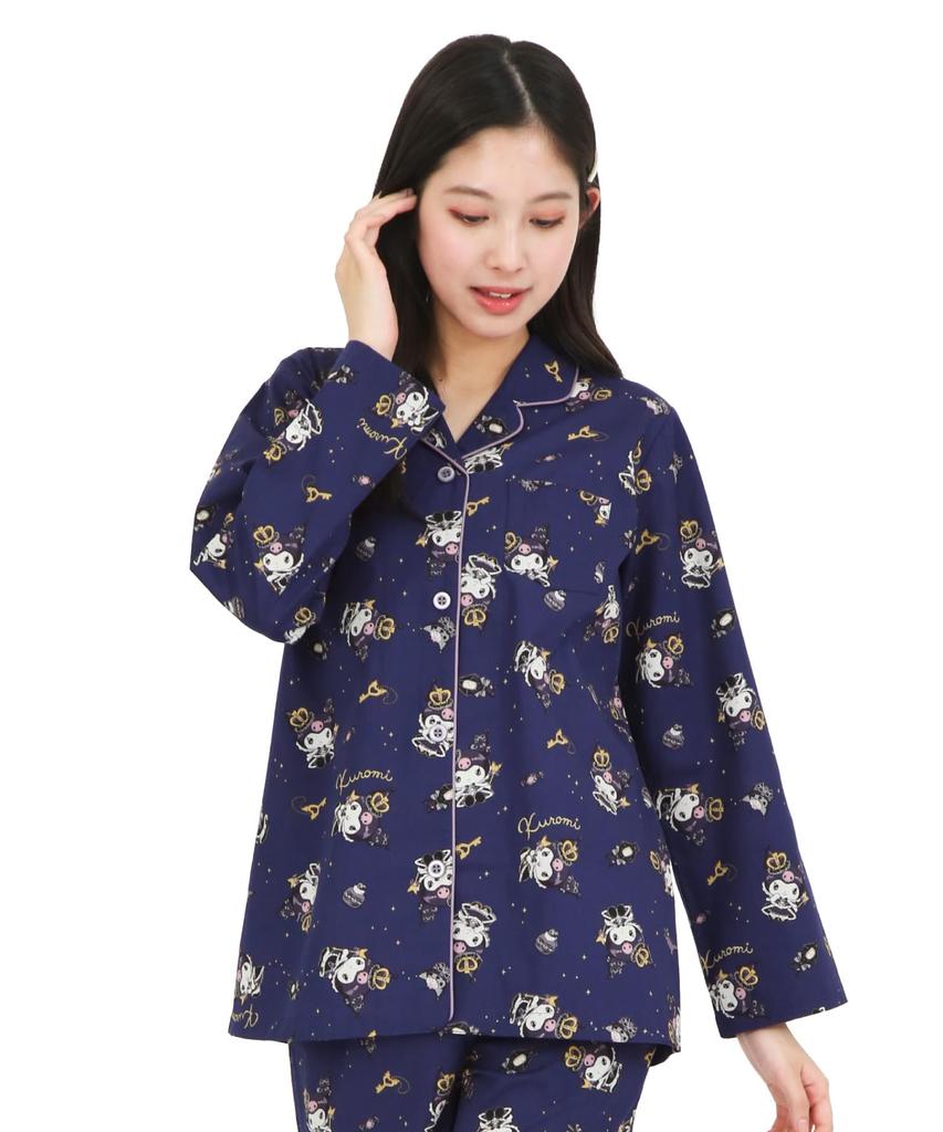 SAZAC Kuromi Shirt Pajamas, 100% Cotton Broadcloth, Women's Long Sleeve and Pants Set, Loungewear (Navy/M/SAN1902)