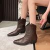 Pointed Toe Western Cowboy Women Ankle Boots Elegant Pleated Leather Square Heel Rear Zipper Casual Shoes Footwear Botas
