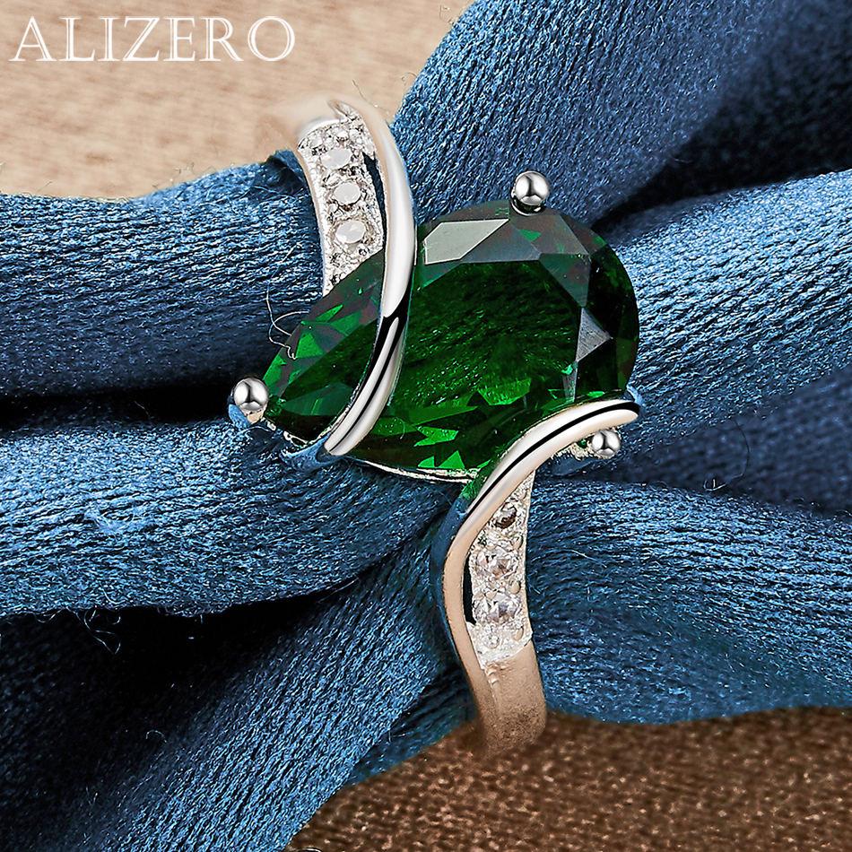 ALIZERO 925 Sterling Silver Rings Emerald Ring For Women Engagement Rings Eternity Band Green Crystal Zircon Ring Jewelry Gift
