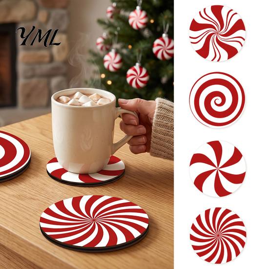 Non Slip Heat Insulation Pad 4Pcs Red White Spiral Wooden Coasters, Round Peppermint Candy Drink Wood Coaster Set Heat?Resistant Cup Pad, Christmas