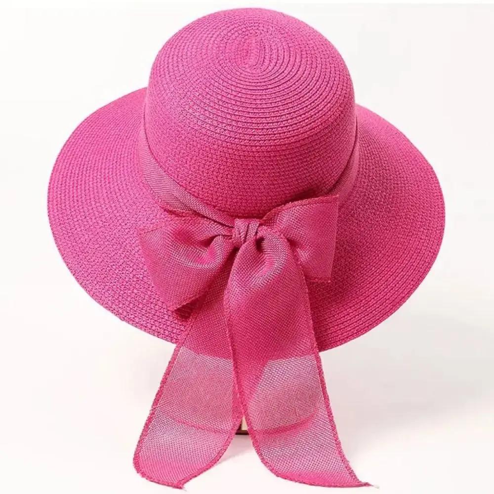 New Summer Women Sun Hat Casual Fashion Bowtie Fisherman Hat Straw Hat with Bow Ribbon Travel Beach Hat