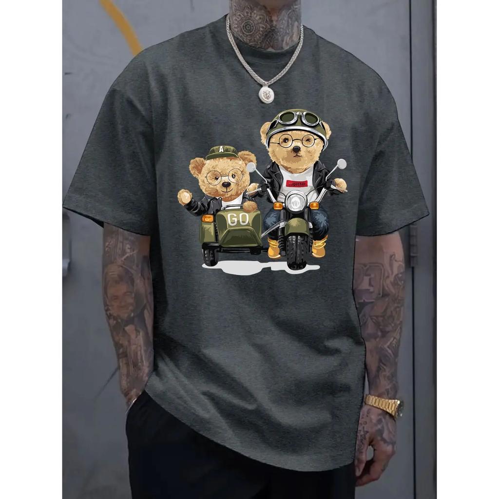 Летние мужские футболки из 100% хлопка, модные, повседневные, спортивные, свободного кроя, с принтом мультяшного медведя, с круглым вырезом и короткими рукавами