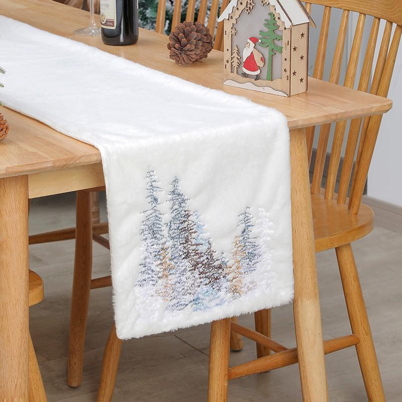 Christmas Table Runner With Embroidered Snowflake Design Faux Rabbit Fur Trim Non-Woven Fabric Holiday Dining Decor