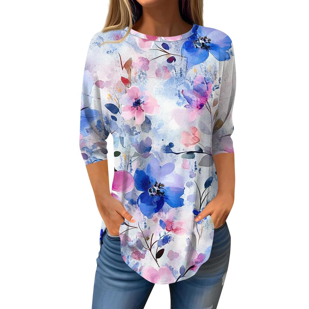 Рубашки с рукавом 3/4 для женщин, милые топы, футболки с рисунком, блузки, повседневные базовые топы больших размеров, пуловеры