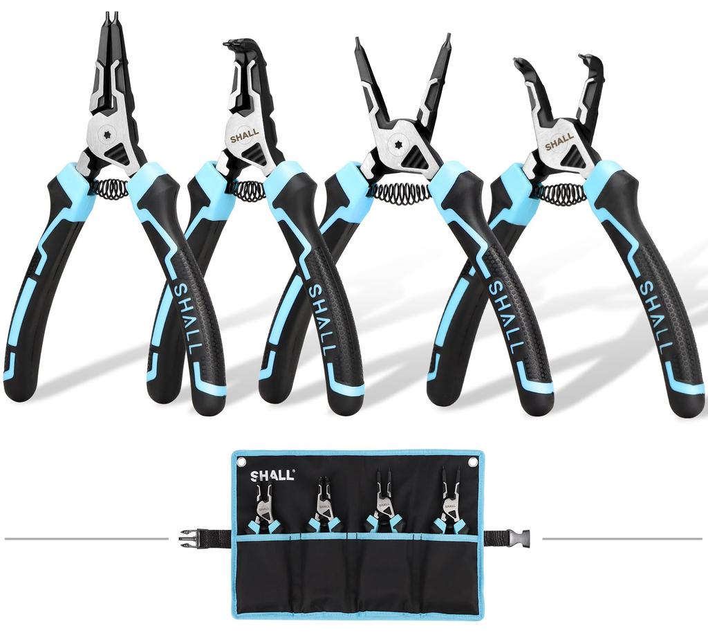SHALL Snap Ring with Straight and Curved Jaws for Holes and for Installation and Tool for Work and Includes Portable Pouch 4-Piece Pliers, Cr-V