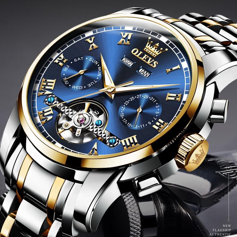 OLEVS Брендовая модная тенденция, повседневная пара механических выражений, часы для мужчин и женщин