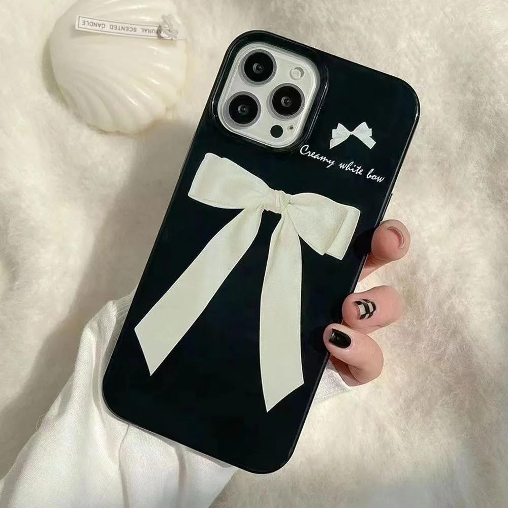 Luxury 3D Large White Bow Case For iPhone 17 16 15 14 13 12 11 Pro Max Vintage Cute Niche Ribbon Shockproof Cover Funda Coque