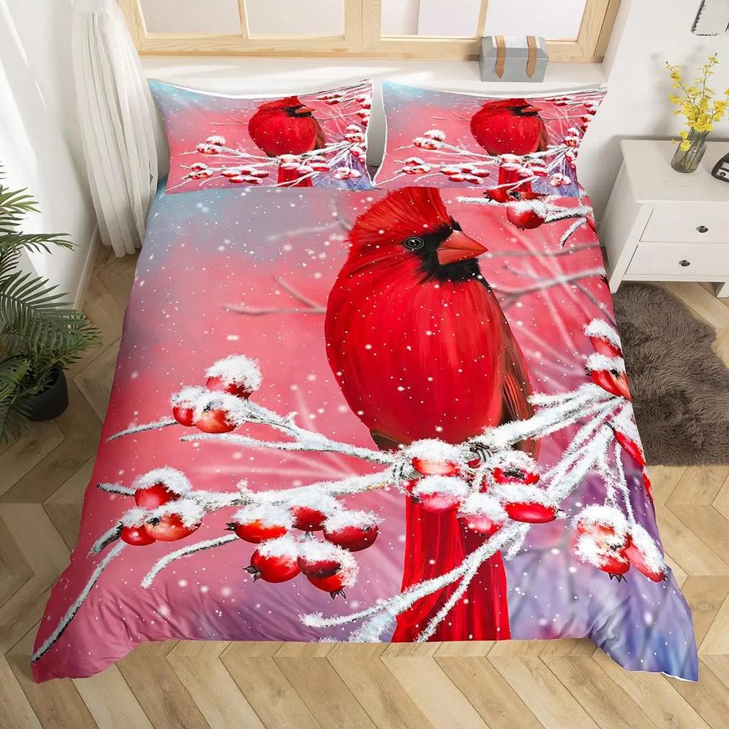 Cardinal Duvet Cover Set Red Bird Bedding Set For Child Youth Pine Tree Comforter Cover Animal Snow King Size Soft Quilt Cover