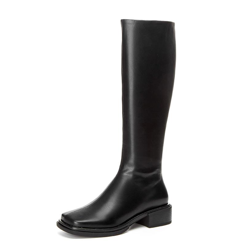 Meotina Женские сапоги до колена из натуральной кожи, высокие сапоги на плоской подошве с квадратным носком и молнией, женская модная обувь, осень-зима, серого, бежевого цвета
