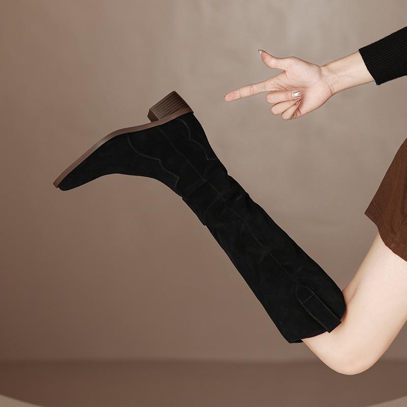 Огромные красивые остроносые ковбойские сапоги в стиле вестерн женские 2025 года, сапоги-комбинации, сапоги на толстом высоком каблуке