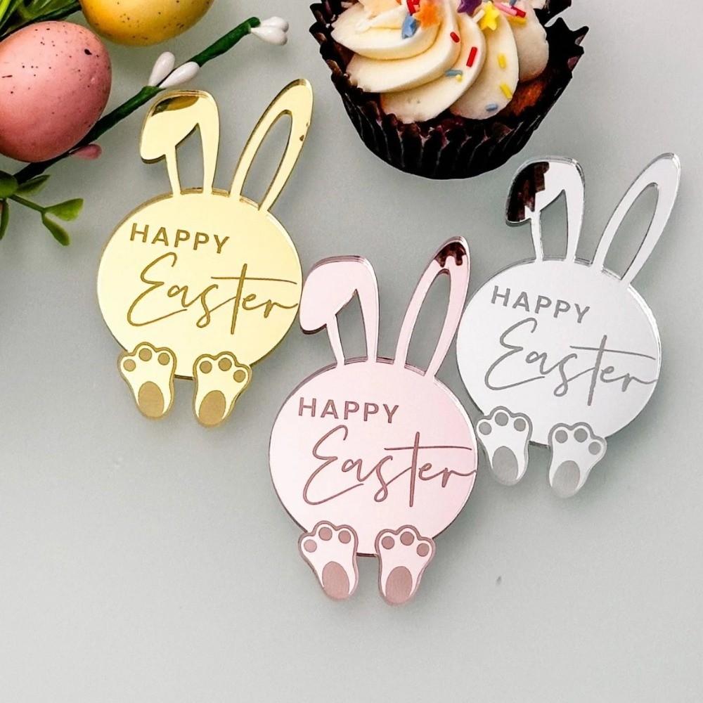 6pcs Cartoon Rabbit Cake Toppers Happy Easter Acrylic Bunny Pattern Tags Mirror Finish Easter Bunny Ornament Gift Tags