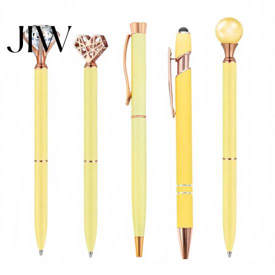 Fashionable Office School Supply 5PCS Metal Diamond Ballpoint Pens, with Sparkling Rhinestone Decor, Premium Barrel Pen Smooth Press Mechanism Writing