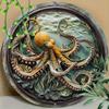 Round Wooden Mark Colored Plastic Window Hanging, Embossed, Octopus Pattern for Home, Office, Wall Decoration Art
