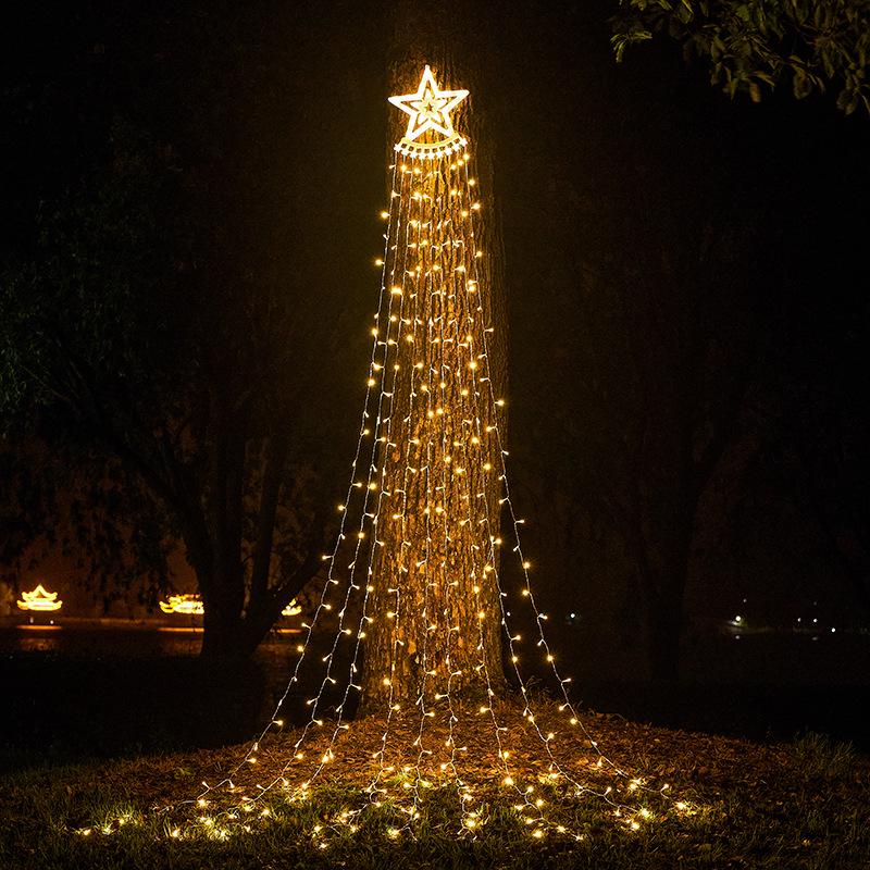 Солнечные гирлянды-водопады в виде пентаграмм для наружного украшения рождественской елки
