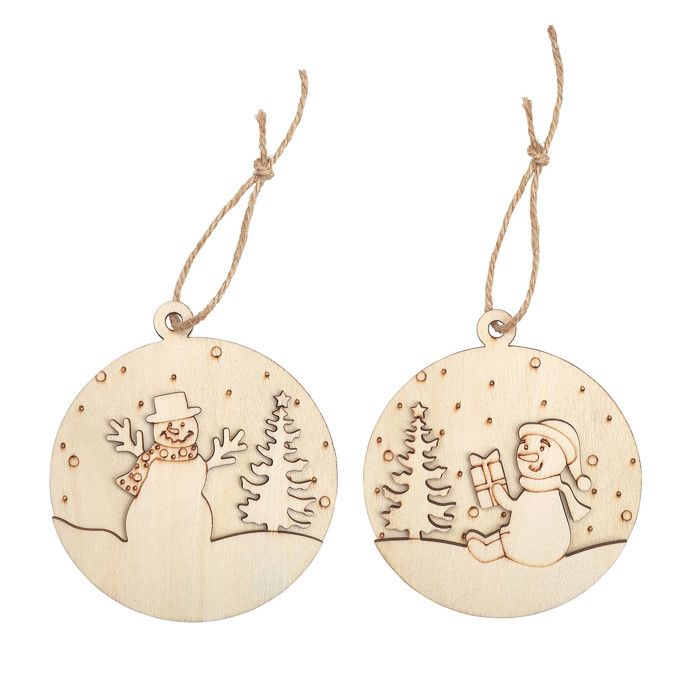 Suspensions bonhommes de neige en bois ciselé 9 x 10 cm 2 pièces