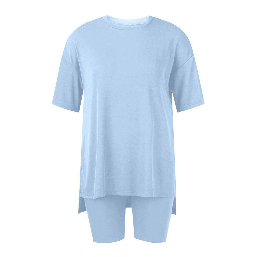 Женский летний комплект из 2 предметов с круглым вырезом и короткими рукавами, с заниженными плечами, топ для больших детей и узкие байкерские шорты для йоги, комплект