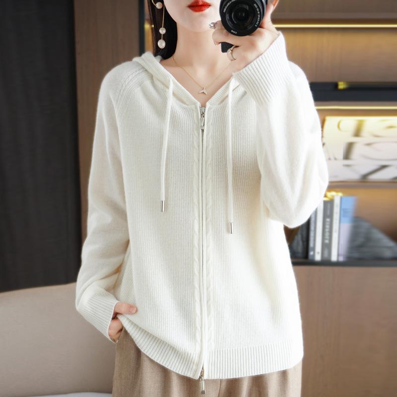 Модный кардиган с капюшоном на молнии для женщин, однотонный свитер на осень и зиму, повседневный универсальный свитер, трикотаж