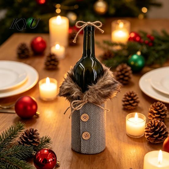 Wine Bottle Packaging for Presents Christmas Sweater Cover, Faux Fur Collar And Button Festive Cover Home Coat Design Plaid Clothes Party Decoration