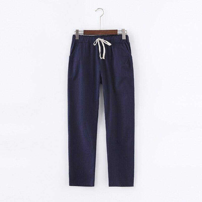Повседневные свободные элегантные женские брюки с высокой талией, прямые хлопковые льняные шаровары, осенние однотонные женские брюки с эластичной резинкой на талии 28400