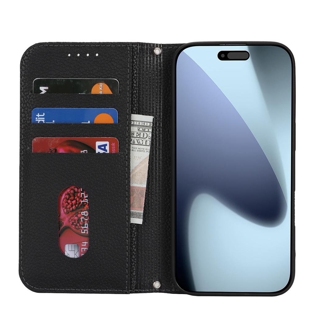 For iPhone 17 Pro Max Case Stand Wallet Litchi Texture Leather Flip Phone Cover with Strap