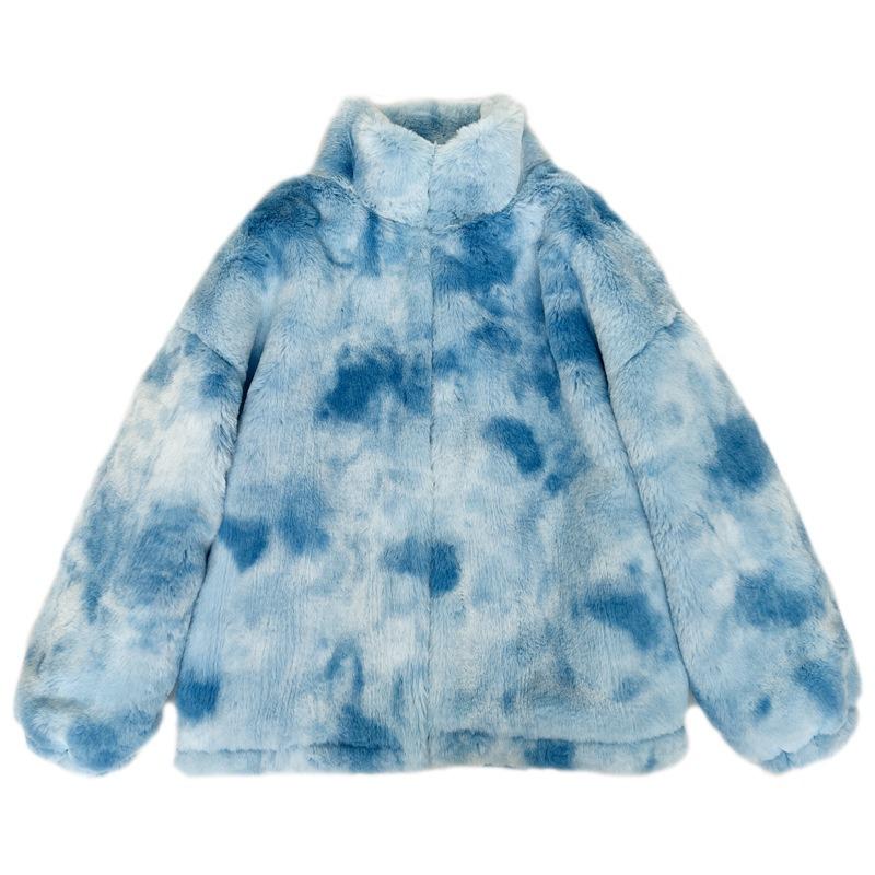 Winter Tie-dye Fur Rabbit Fur Jacket Medium and Long Large Size Lapel Women's Clothing Zipper Printing Plush Clothes Thick