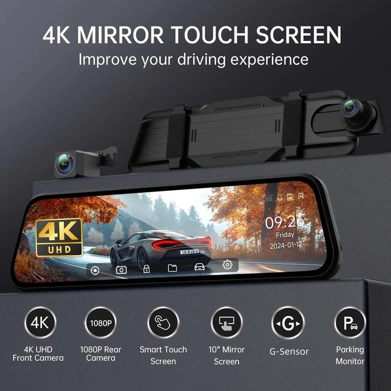 10" 4K Mirror Dash Cam for Cars, 4K Front and 1080P Rear View Backup Camera with Full Touch Screen, 170° Wide Angle, Night Visio