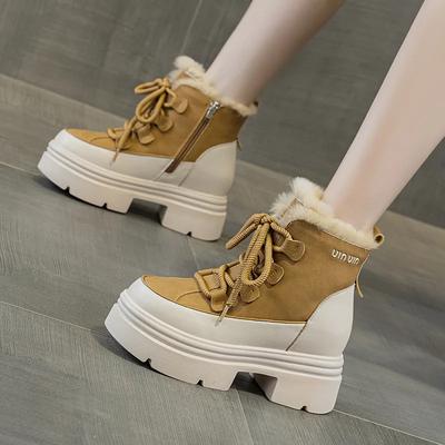 Модные 7 см Коровья замша Натуральная кожа Труба Женские Модные Ботильоны Ботинки Мокасины Дамская Зимняя Плюшевая Весенне-Осенняя Обувь