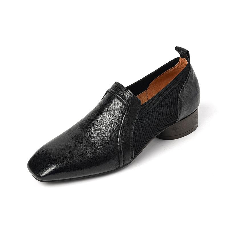 Мода 2025 Осень Новые Натуральная Кожа Мягкие Рабочие Туфли Женские Высокий Каблук Эластичные Квадратный Носок Слипоны Коричневый Хаки Британский Стиль Каблуки Женские