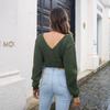Women Autumn Winter Cropped V Neck Knotted Sweater Solid Color Balloon Sleeve Sizes S To L